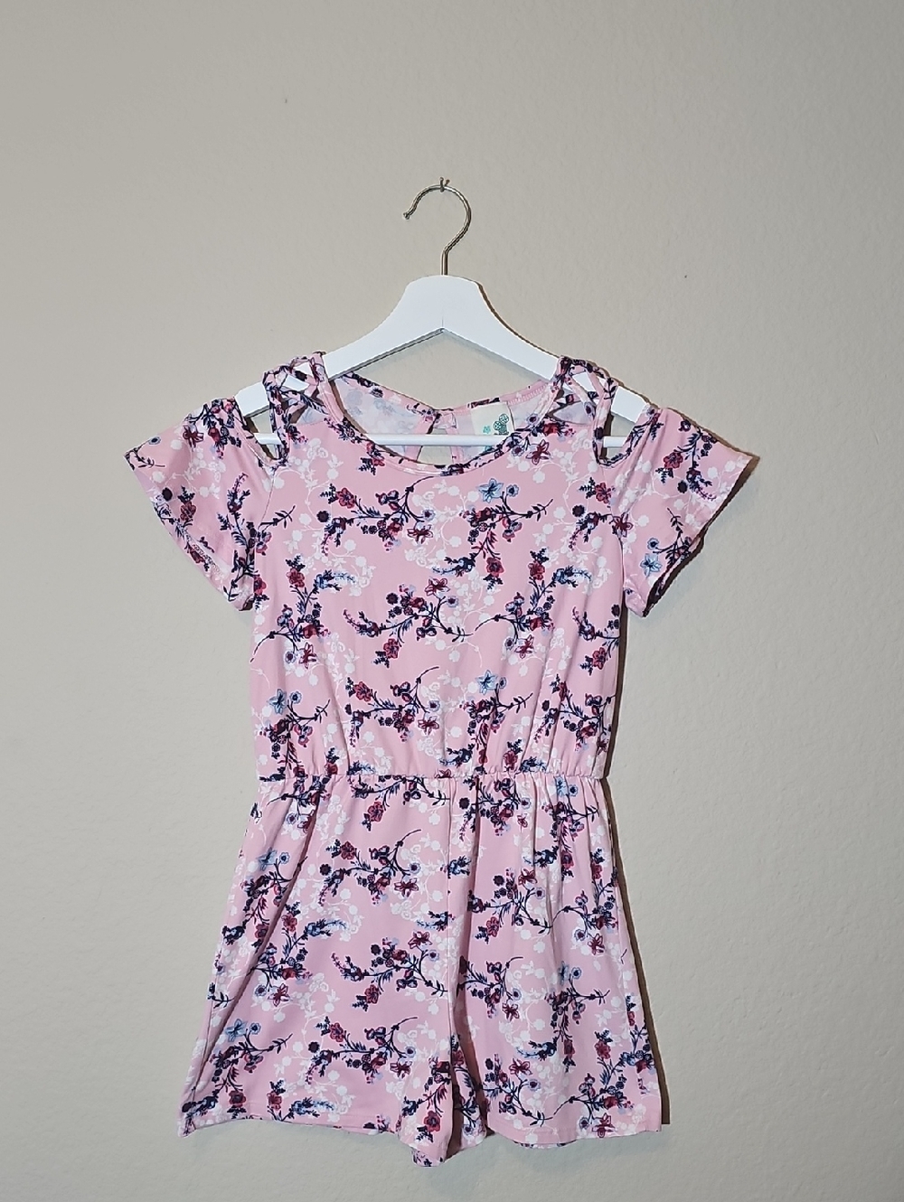 Girls' Pink Floral Open-Shoulder Romper